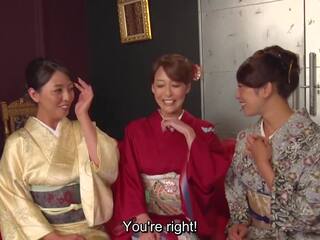 Reiko kobayakawa along with akari asagiri and an additional beau sit around and admire their fashionable meiji era kimonos