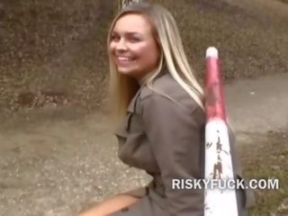 Blonde euro strumpet public dirty movie play with people walking right by